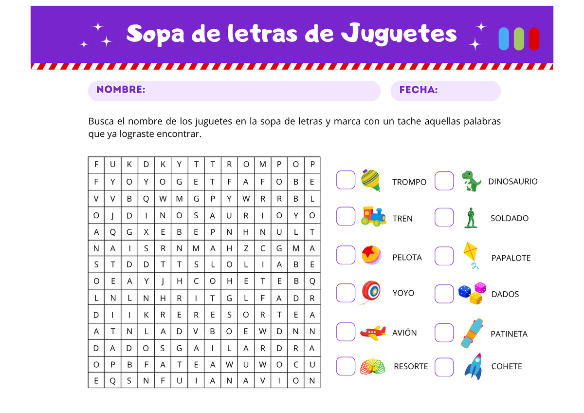 Sopa de Letras de Juguetes — Samay Kids