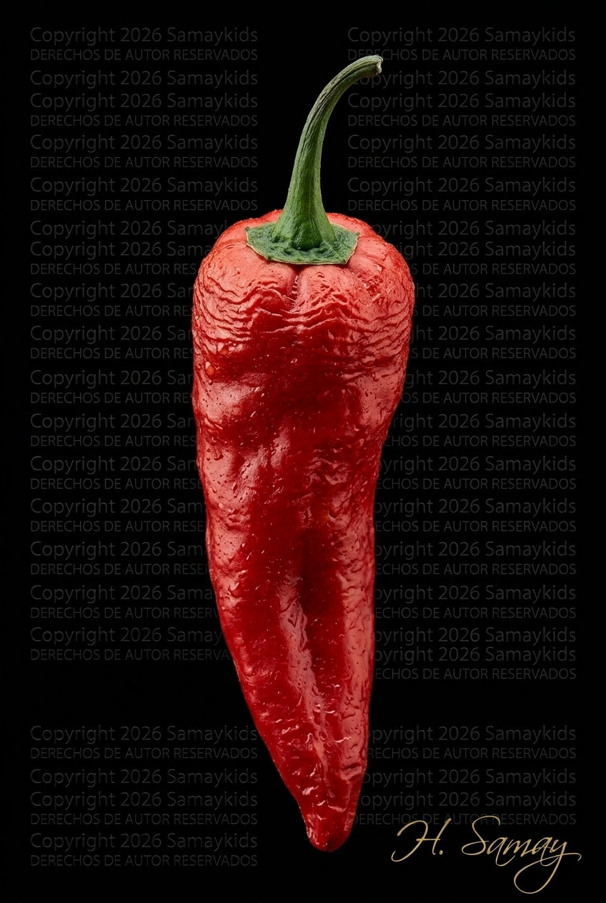 Ají rojo con tallo verde sobre fondo negro, imagen de presentación protegida y firmada por H. Samay.