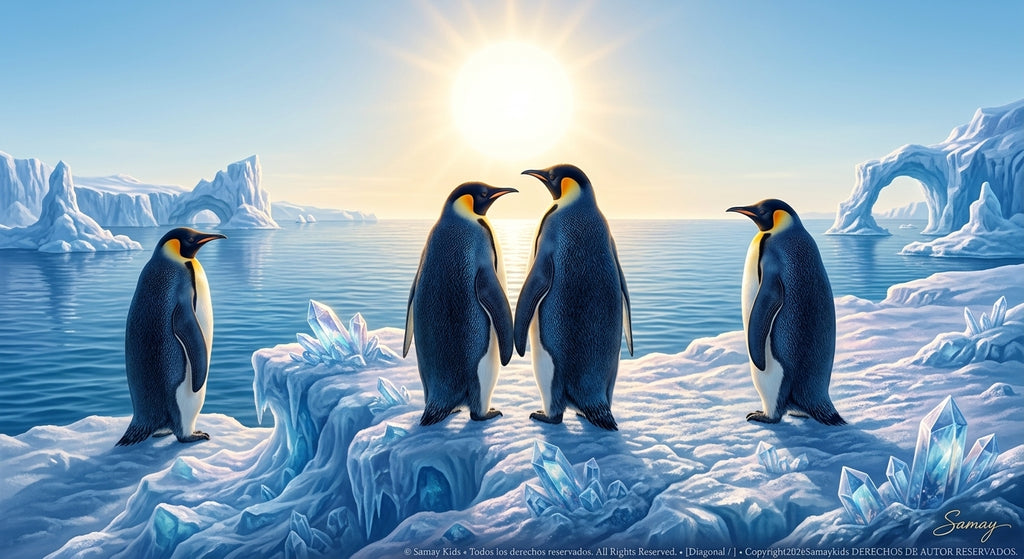 Cuatro pingüinos sobre el hielo junto al mar bajo la luz del sol, imagen horizontal protegida y firmada.