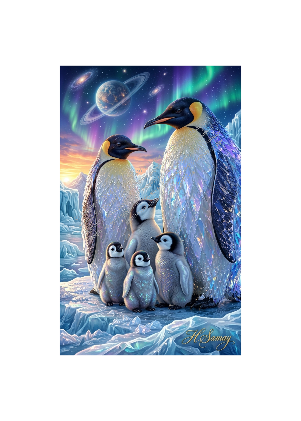 Dos pingüinos adultos con cuatro crías entre hielos, bajo auroras, estrellas y planetas. Obra vertical firmada H. Samay.