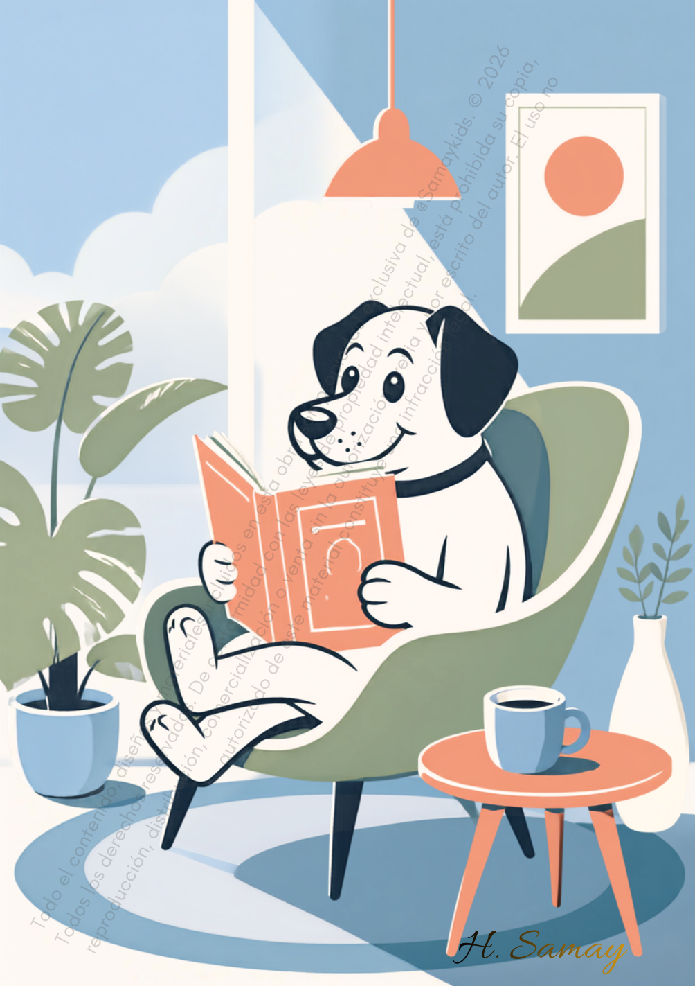 Cachorro leyendo en un sillón verde junto a una taza de café, plantas y lámpara coral, firmado H. Samay.