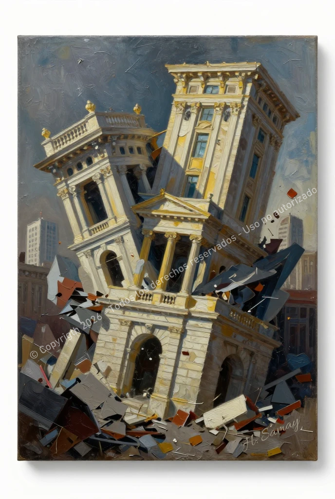 Caos de la Arquitectura 2 — edificios clásicos derrumbándose, arte digital óleo expresionista