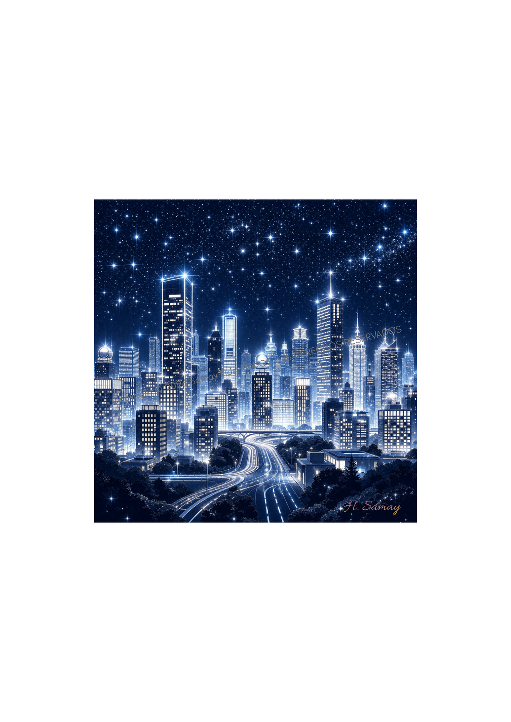 Ciudad estrellada de noche con rascacielos iluminados y cielo lleno de estrellas — Arte Digital H. Samay