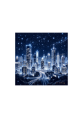 Ciudad estrellada de noche con rascacielos iluminados y cielo lleno de estrellas — Arte Digital H. Samay