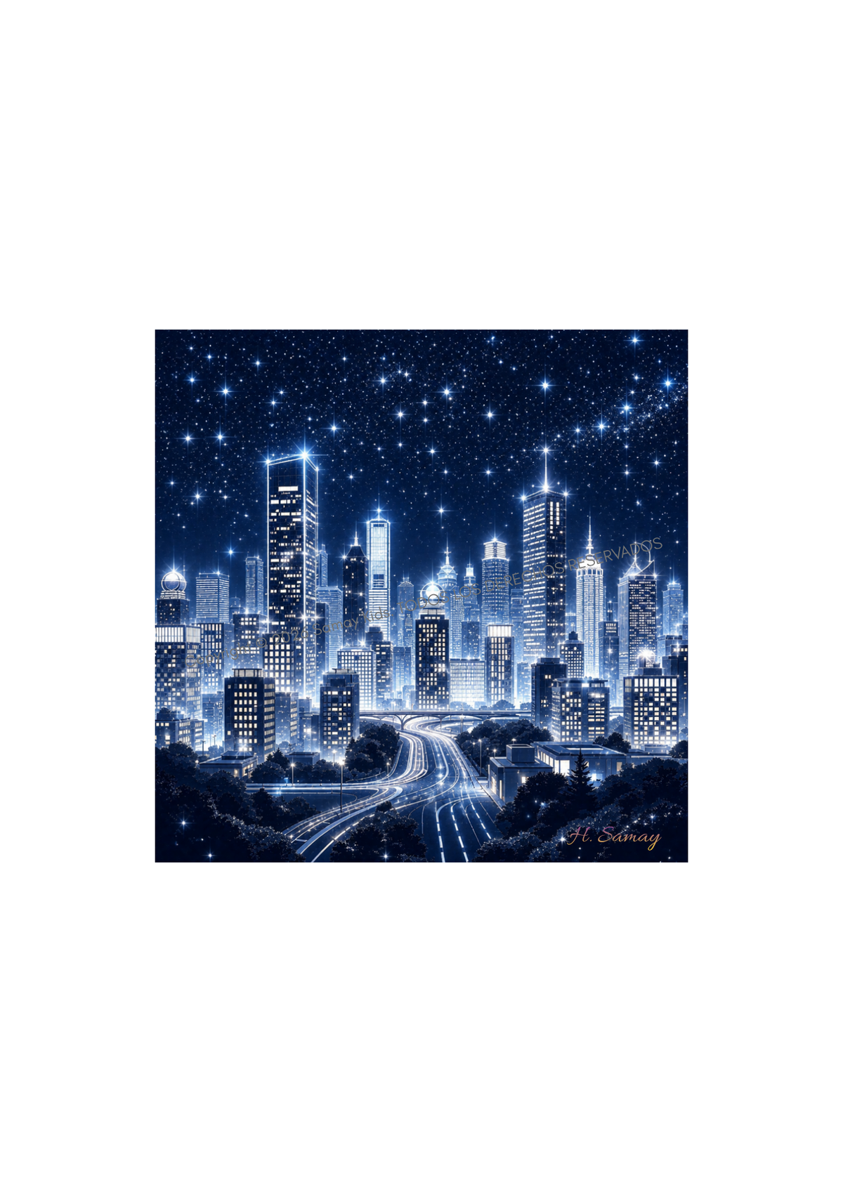 Ciudad estrellada de noche con rascacielos iluminados y cielo lleno de estrellas — Arte Digital H. Samay