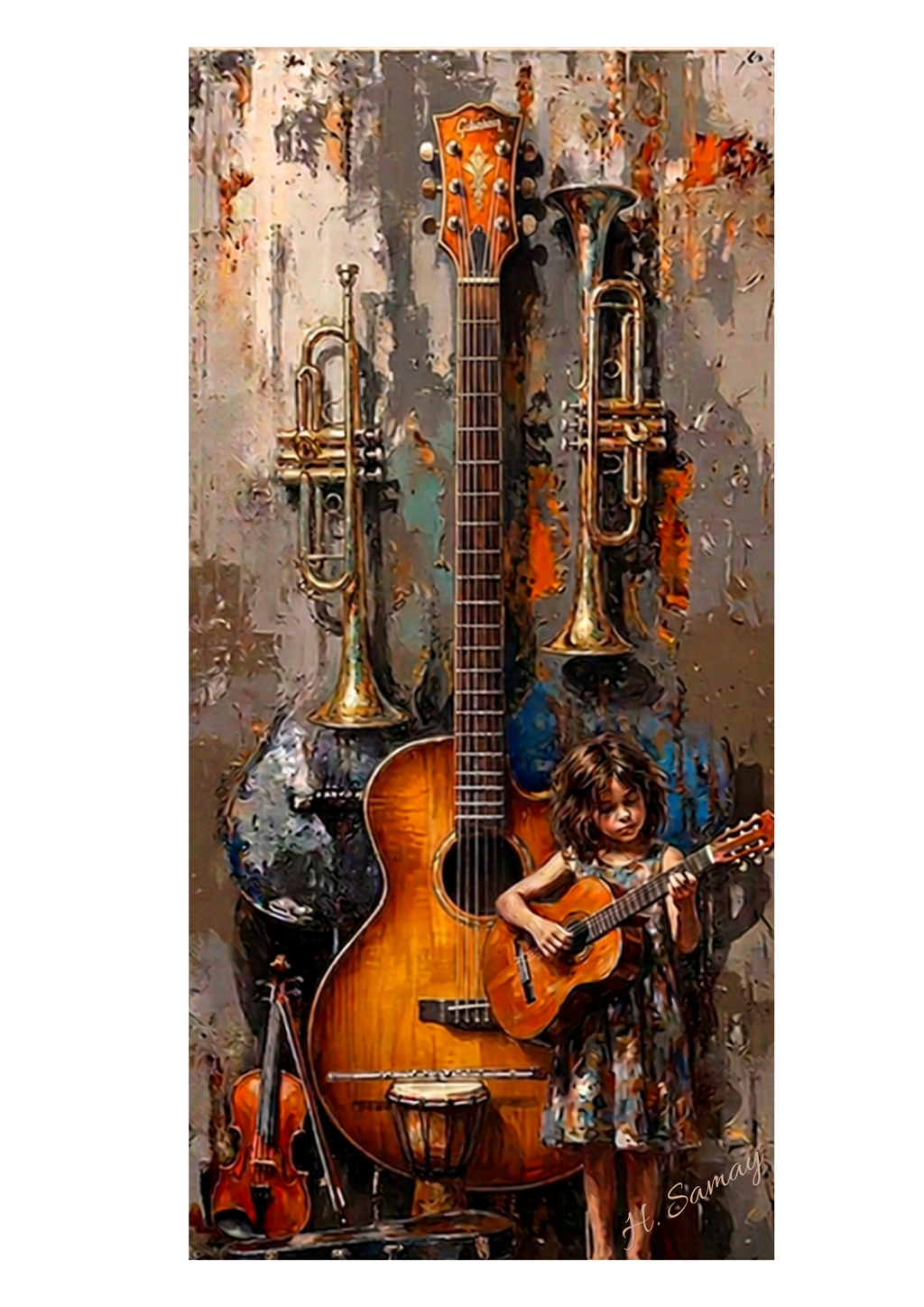 Concierto — La Pequeña Músico, arte digital imprimible, niña tocando guitarra con instrumentos musicales