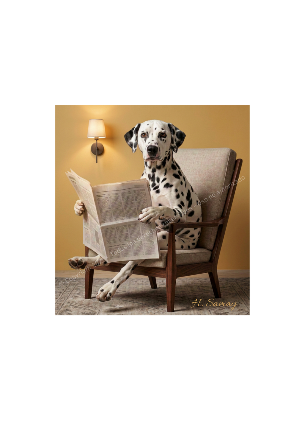 Divertido Dálmata leyendo el periódico sentado en un sillón vintage con lámpara de fondo