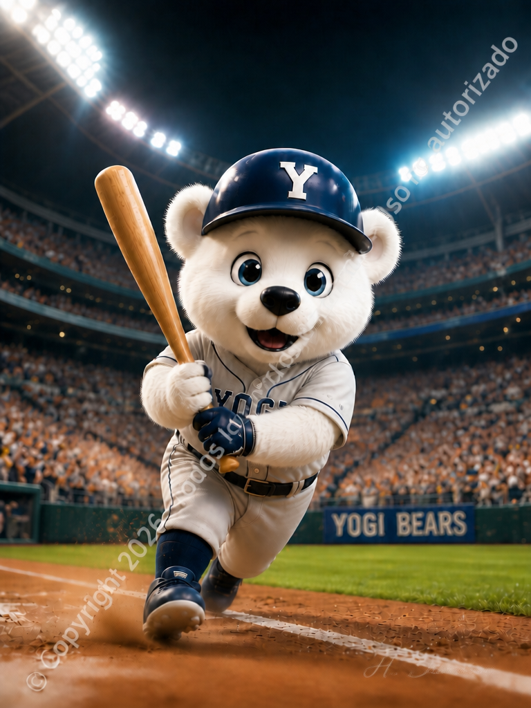 Oso blanco con uniforme de béisbol y bate en un estadio iluminado, imagen de presentación con marca de agua.