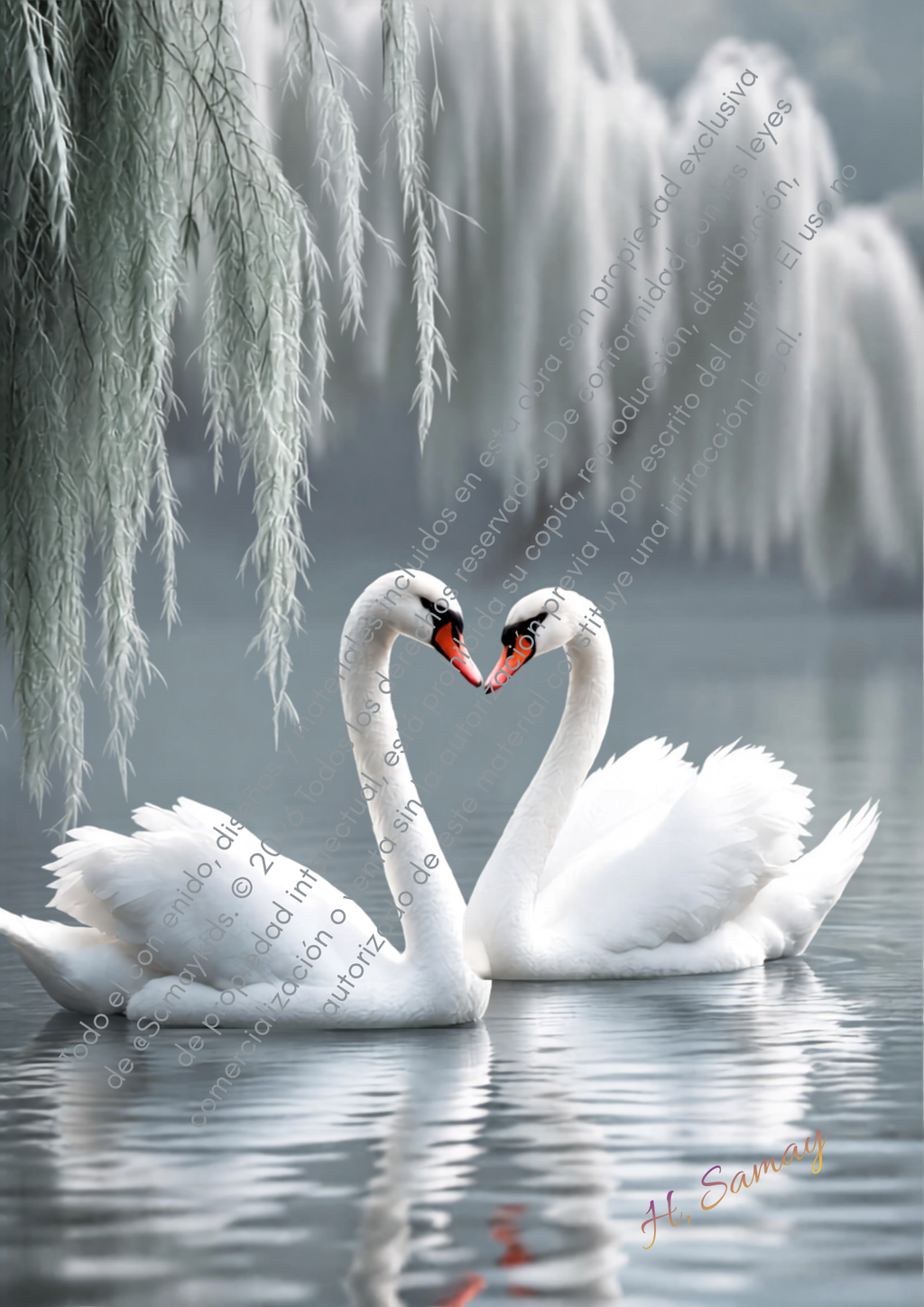 Amor en el Lago, pareja de cisnes blancos con protección de autor y firma