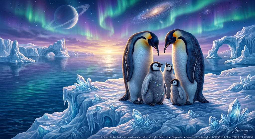Dos pingüinos adultos y tres crías entre cristales de hielo bajo auroras y un cielo de fantasía.