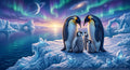 Dos pingüinos adultos y tres crías entre cristales de hielo bajo auroras y un cielo de fantasía.