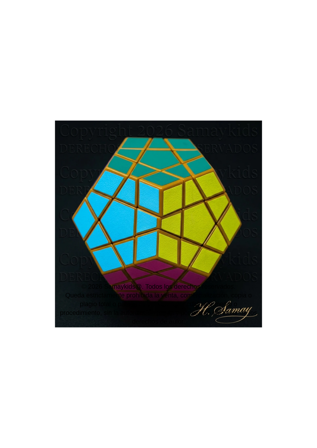 Composición geométrica de caras turquesas, azules, amarillas y violetas, separadas por líneas doradas sobre fondo negro, firmada H. Samay.