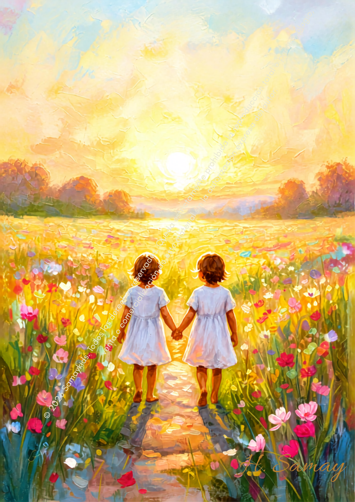 Dos niñas tomadas de la mano entre flores al atardecer, imagen de presentación protegida.