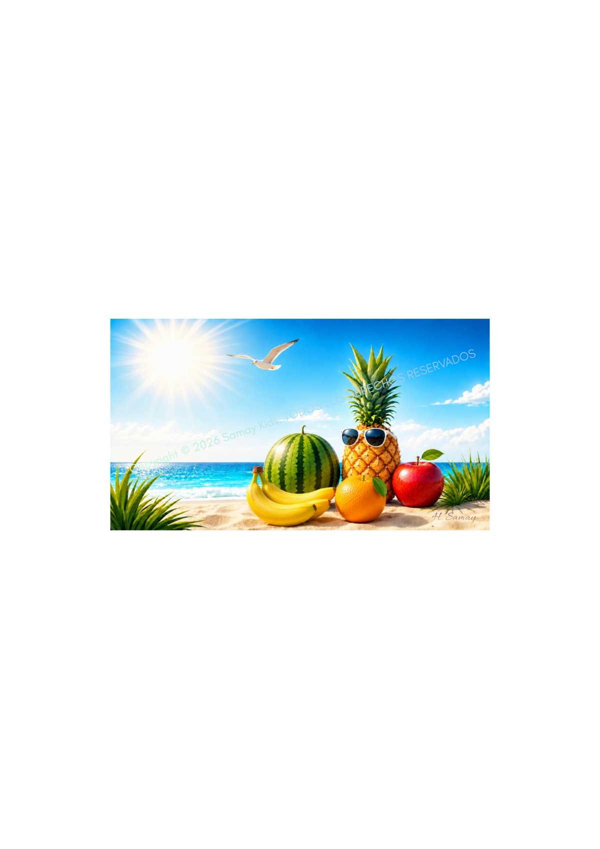 Frutas tropicales en playa paradisíaca — Arte Digital H. Samay