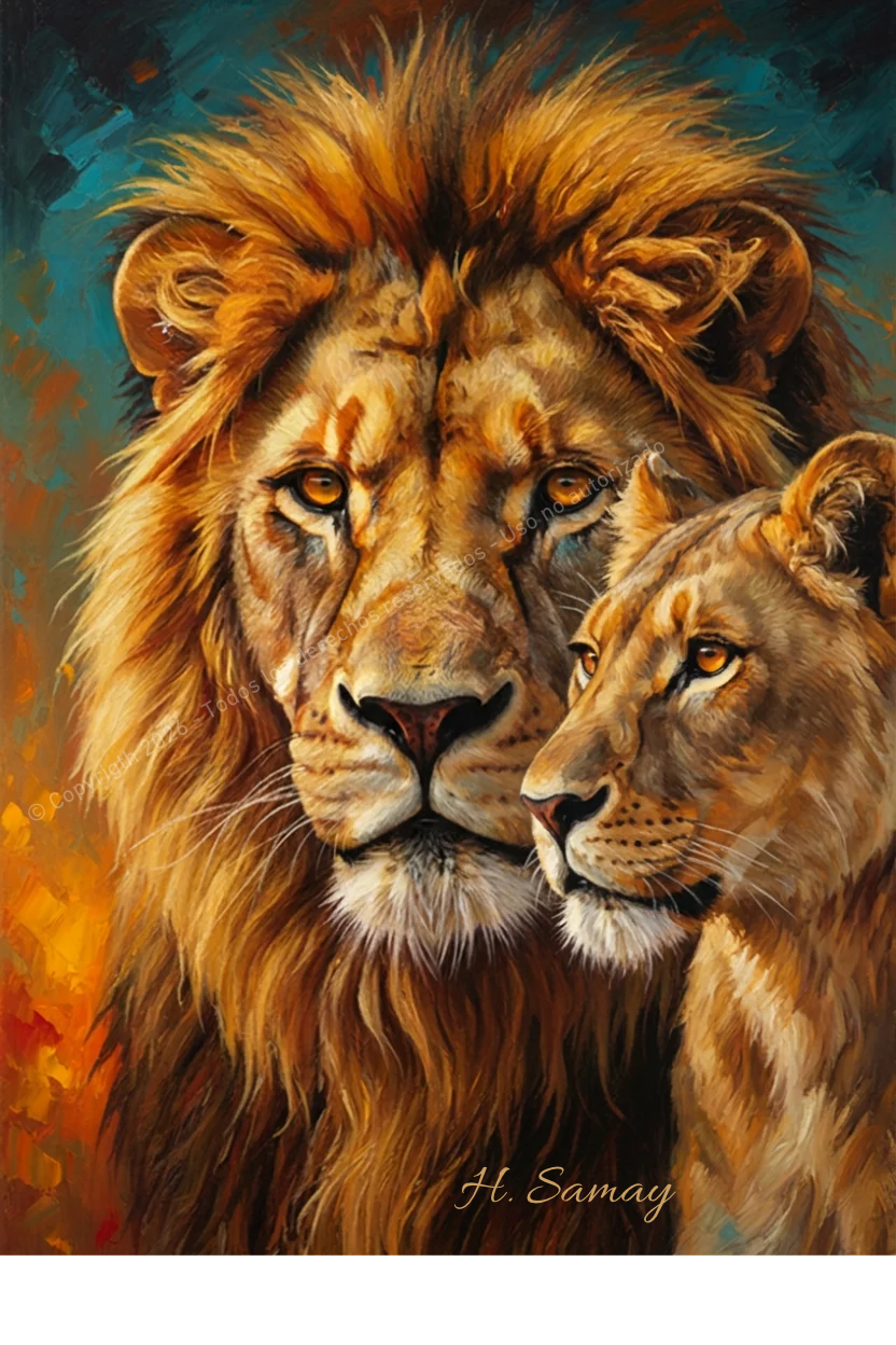 León Imponente con su Dueña - Arte Digital H. Samay