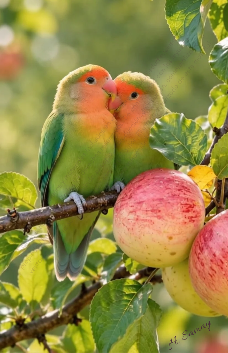 Amor entre Alas, dos loritos entre hojas verdes y manzanas