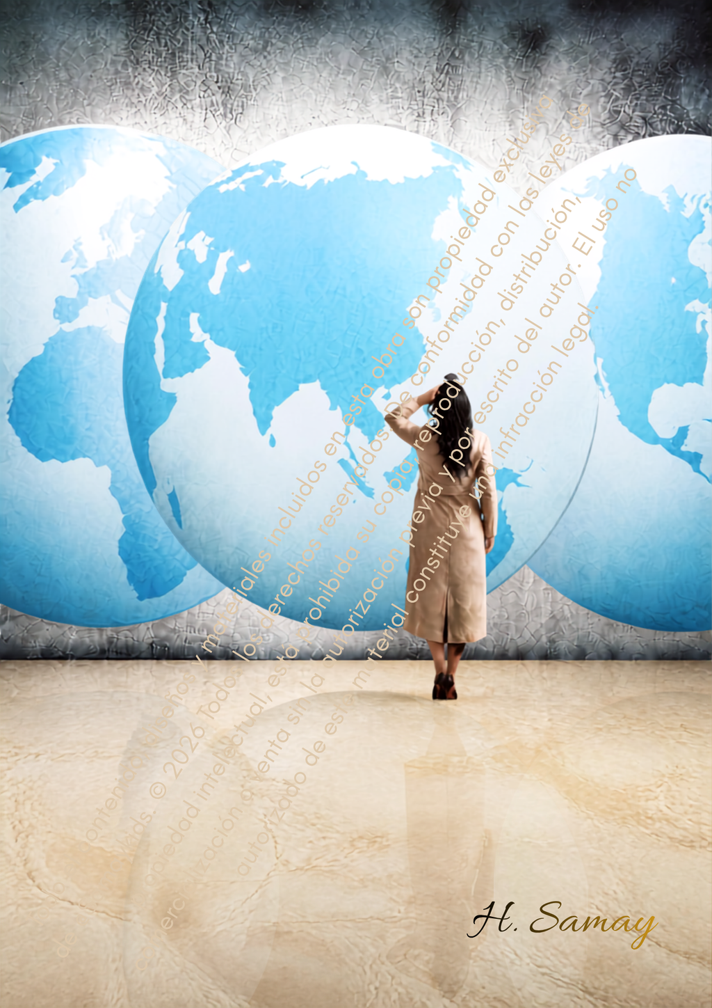 El Mundo en tus Manos, mujer frente a globos azules con protección y firma