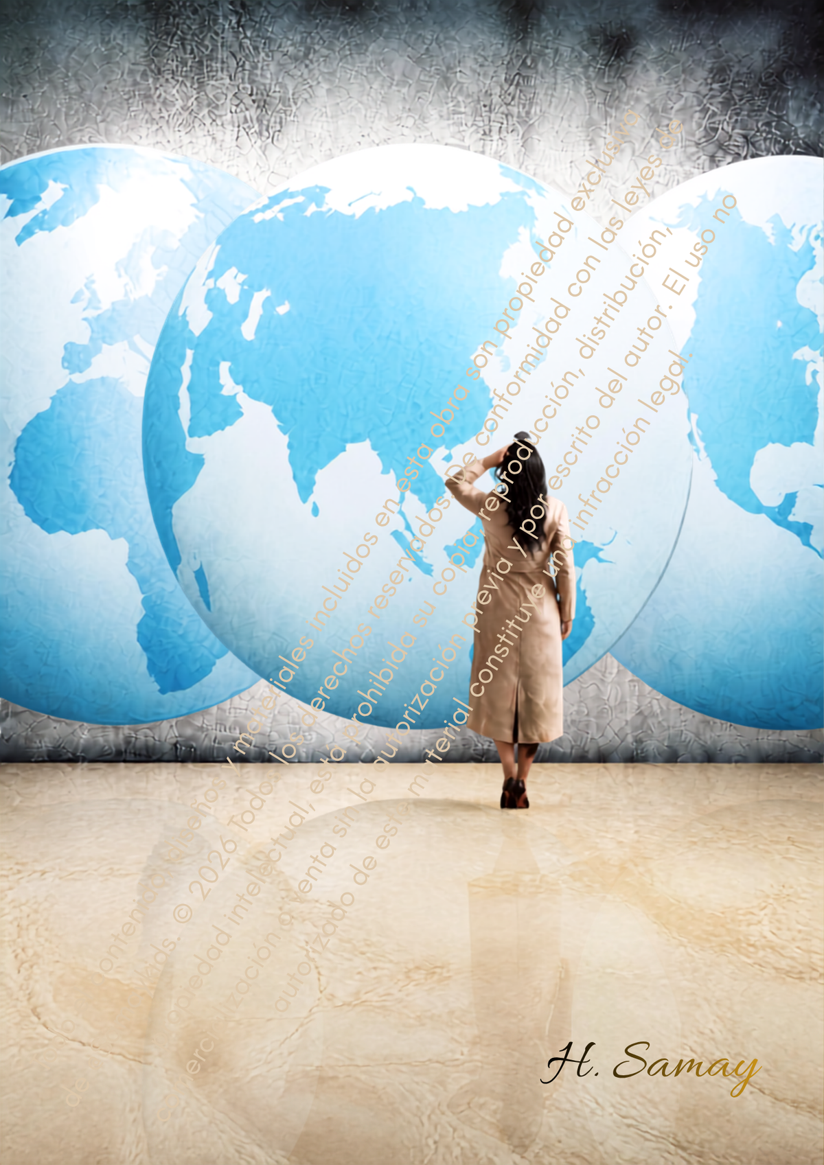 El Mundo en tus Manos, mujer frente a globos azules con protección y firma