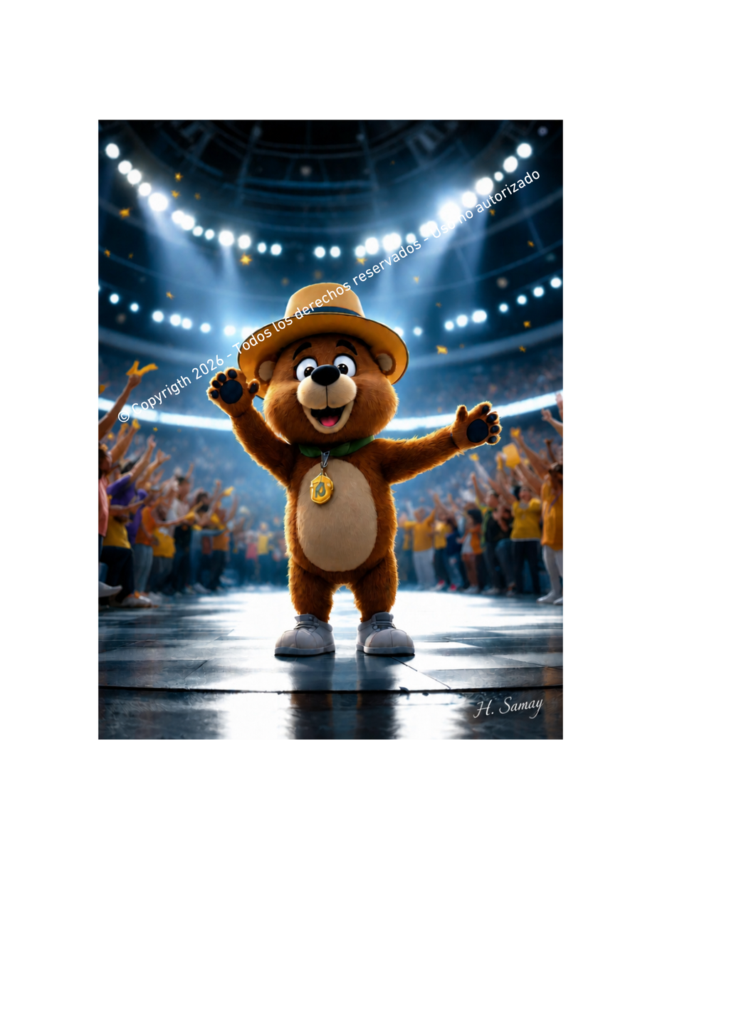 Oso Campeón celebrando en el estadio — Ilustración Digital para Niños por H. Samay