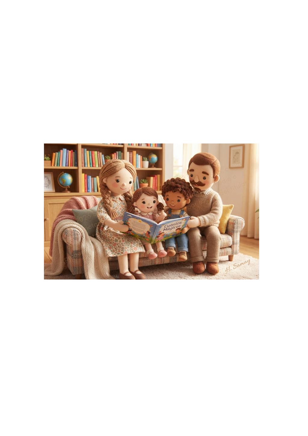 Padres leyendo un libro con sus dos hijos en un sofá, junto a una biblioteca y con luz cálida.