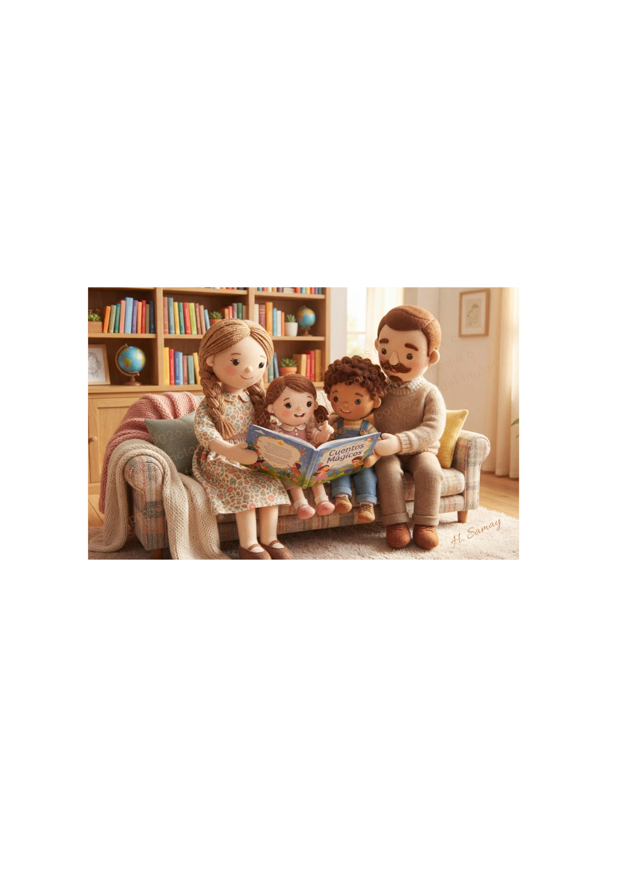 Padres leyendo un libro con sus dos hijos en un sofá, junto a una biblioteca y con luz cálida.