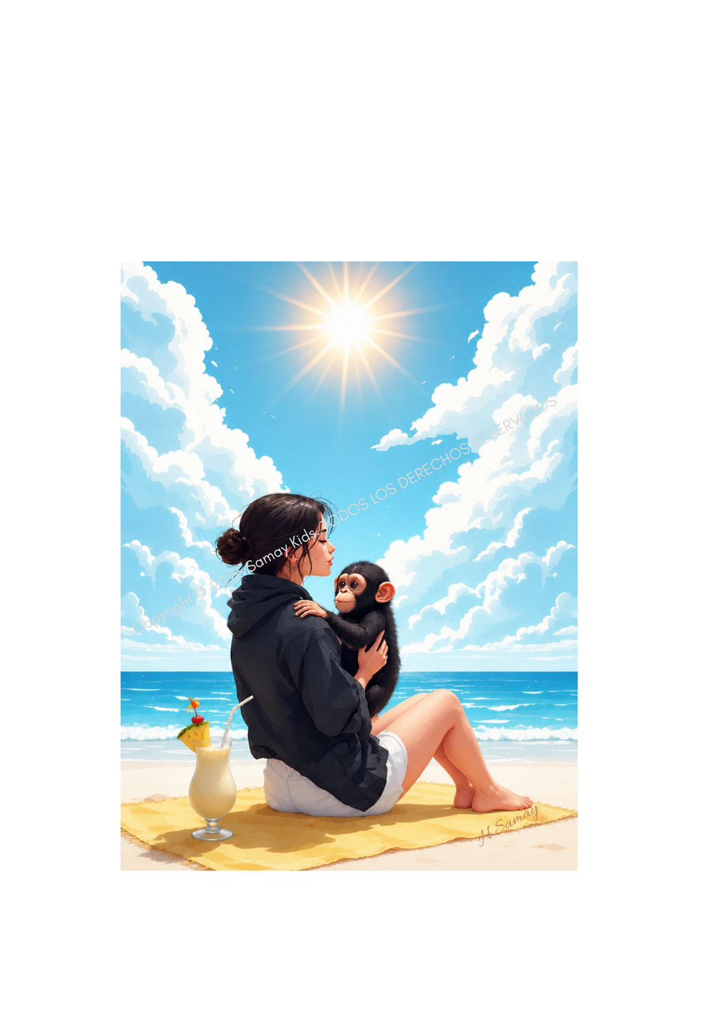 Isla Paraíso con Bebé Chimpancé — ilustración original