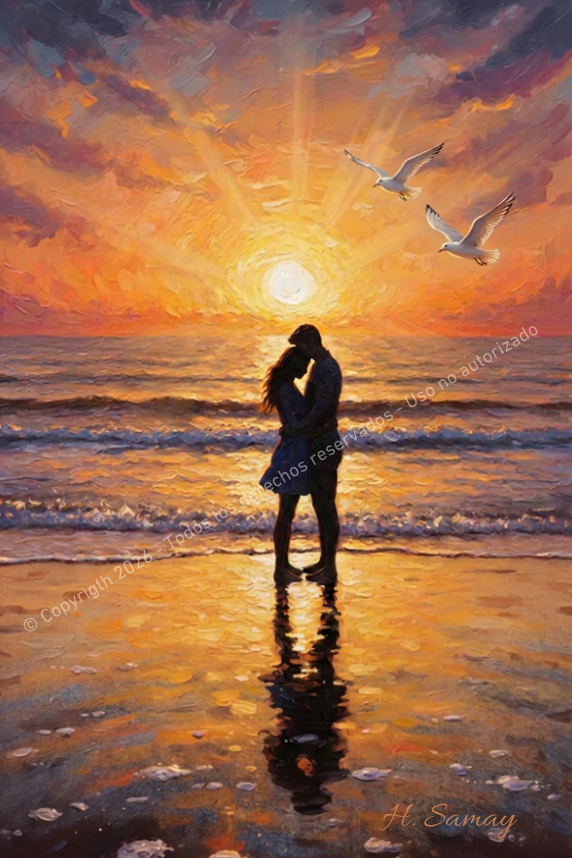 Playa Romántica bajo las Gaviotas - Arte Digital H. Samay