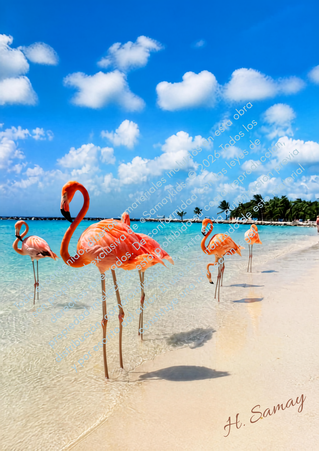 Paraíso Coral, flamencos en playa tropical con protección de autor y firma