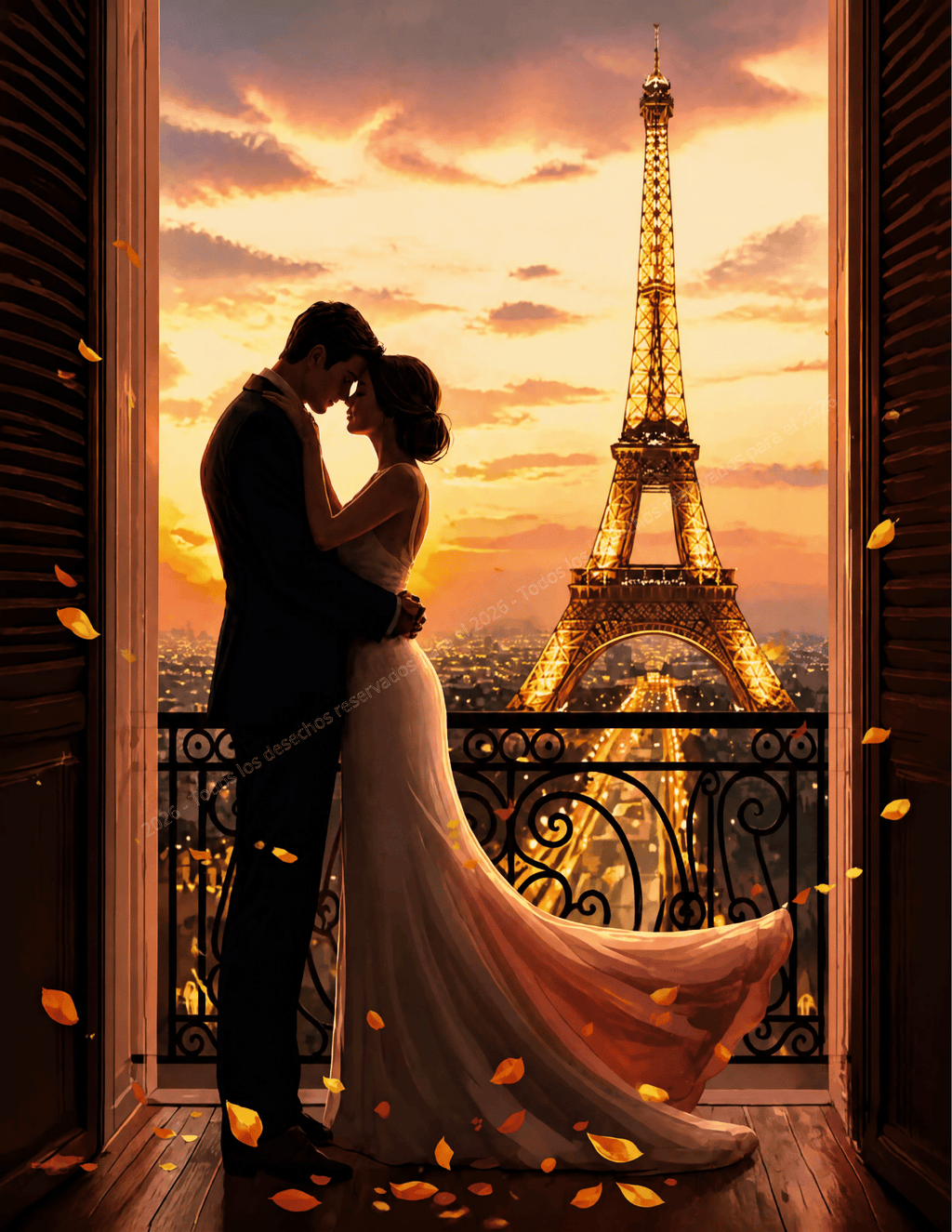 Romanticismo en París — pareja en balcón parisino con Torre Eiffel al atardecer