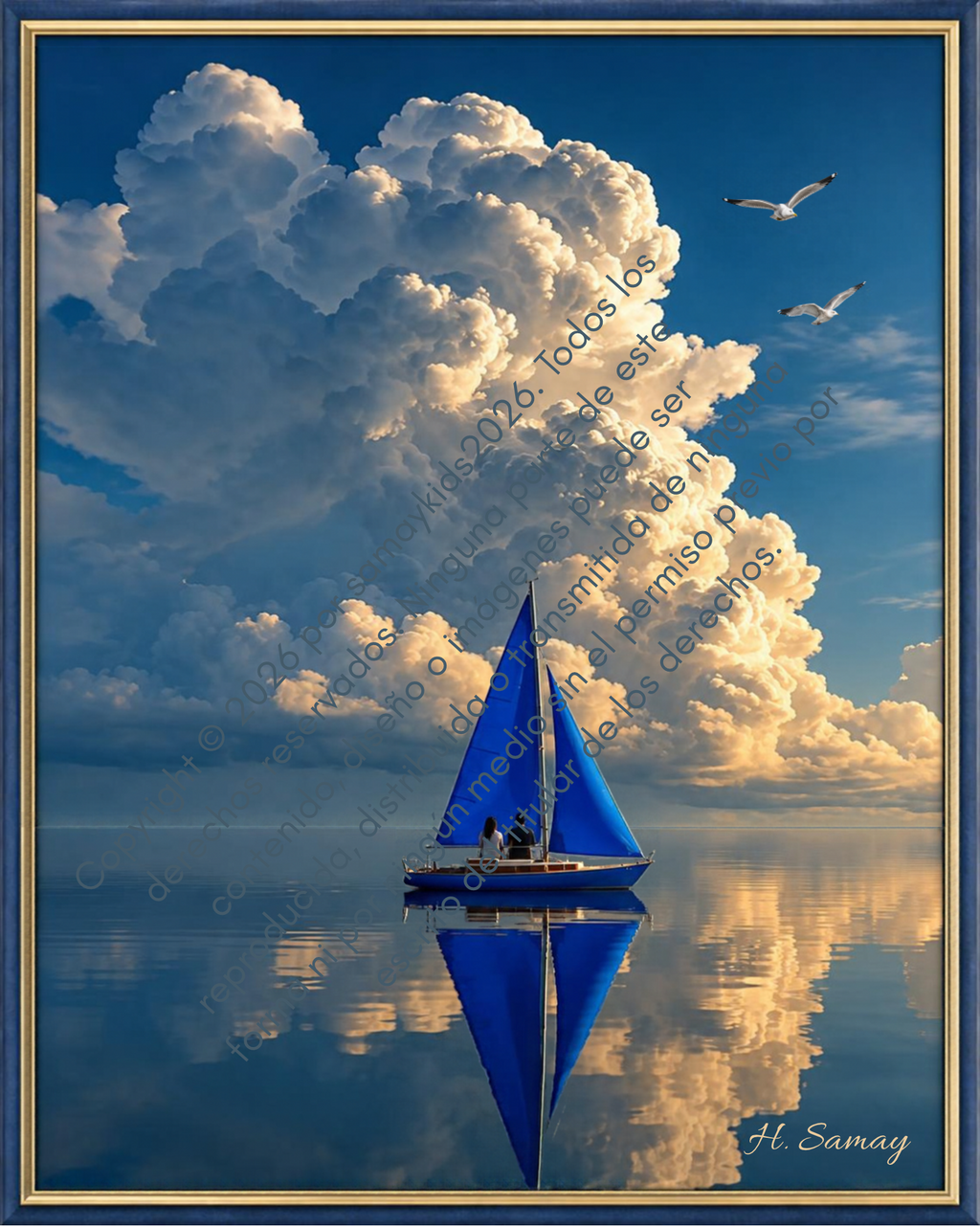 Velero azul sobre aguas tranquilas bajo nubes doradas, con firma de la artista y protección de presentación