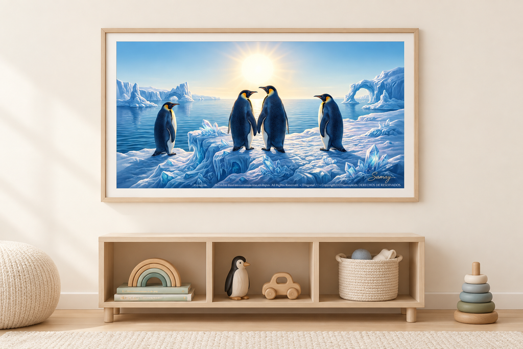 Amigos pingüinos en una zona de juegos infantil minimalista.