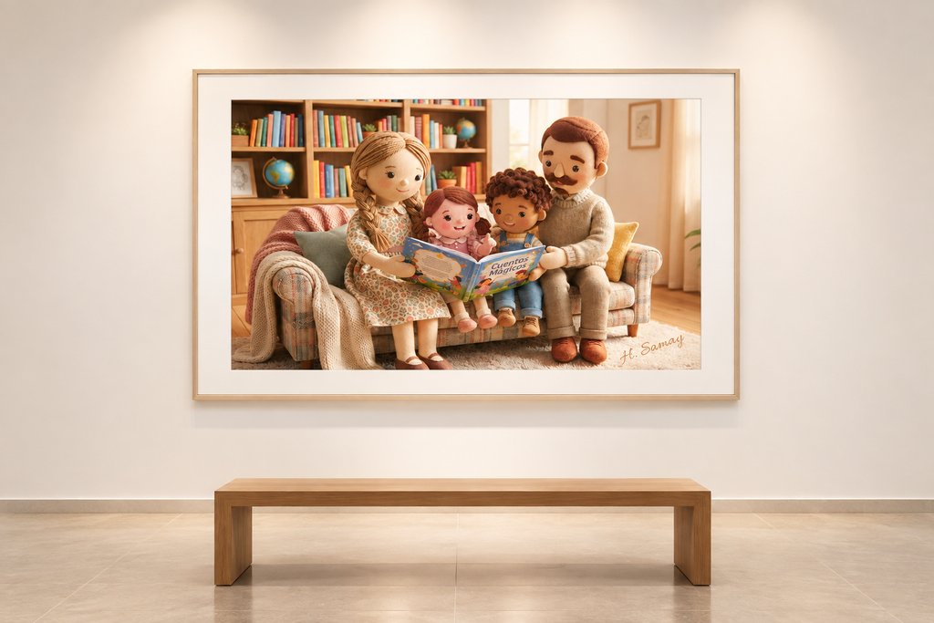 Creciendo entre cuentos expuesta en una galería de arte minimalista.