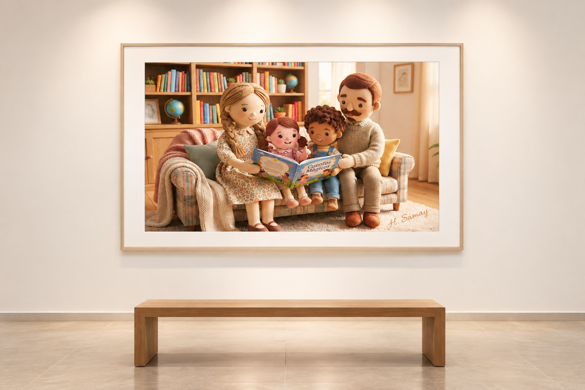 Creciendo entre cuentos expuesta en una galería de arte minimalista.