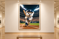 Divertido oso jugando presentado como obra enmarcada en una galería de arte.