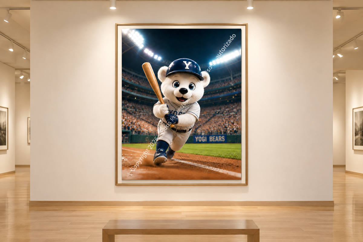 Divertido oso jugando presentado como obra enmarcada en una galería de arte.