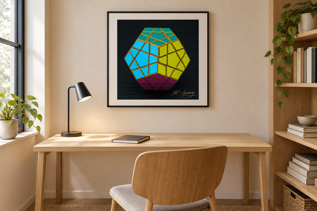 Geometría espacial en un cuarto con escritorio.