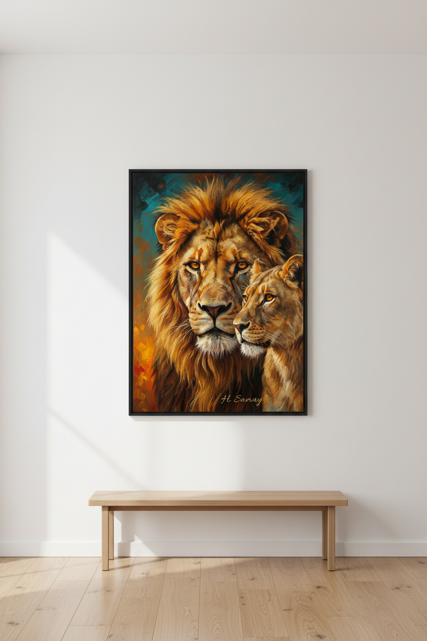 León Imponente con su Dueña - Mockup sala minimalista