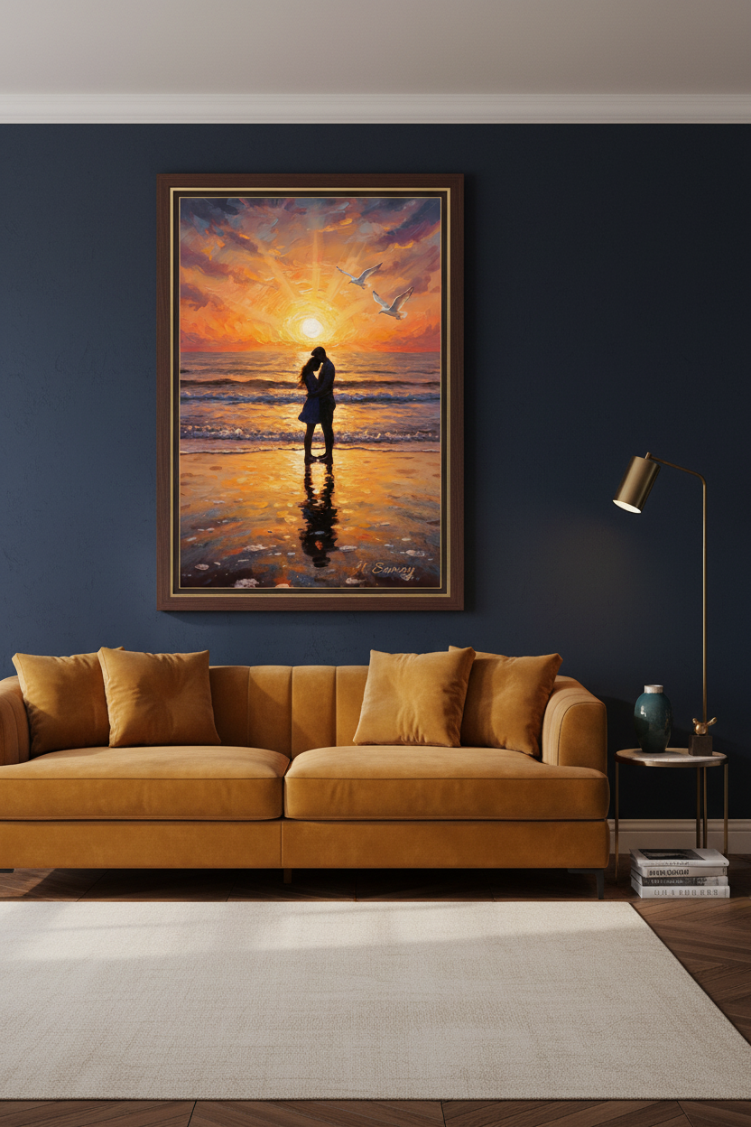 Playa Romántica bajo las Gaviotas - Mockup sala elegante