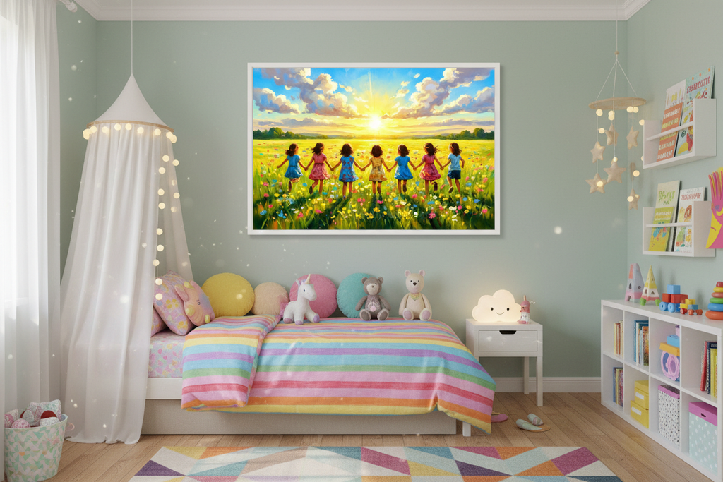 Niñas Felices hacia el Paraíso - Mockup dormitorio infantil