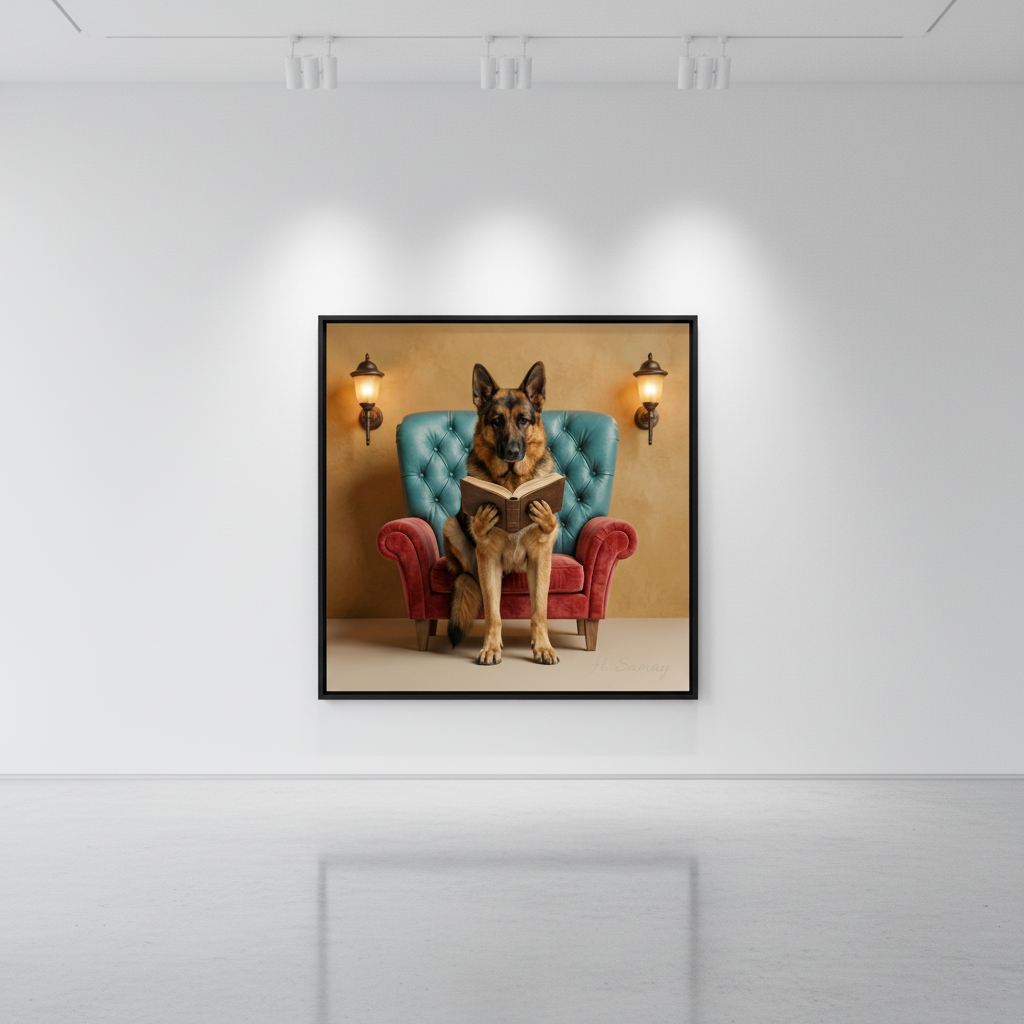 Mockup Pastor Alemán Leyendo en galería de arte