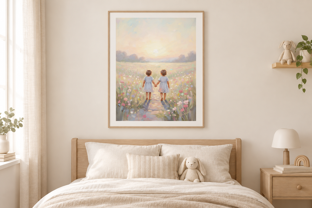 Encanto de nenes bajo el mágico jardín en un dormitorio infantil sobrio.