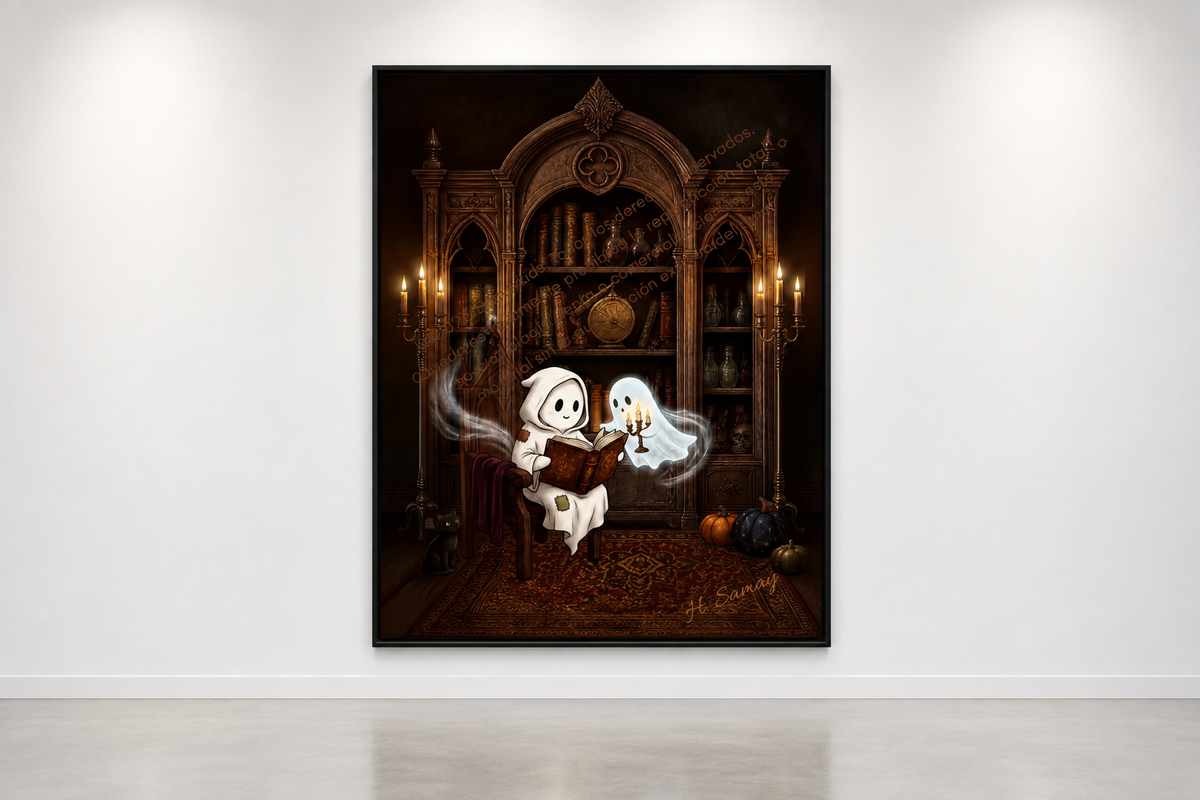 Obra de Halloween expuesta en una galería de arte minimalista.