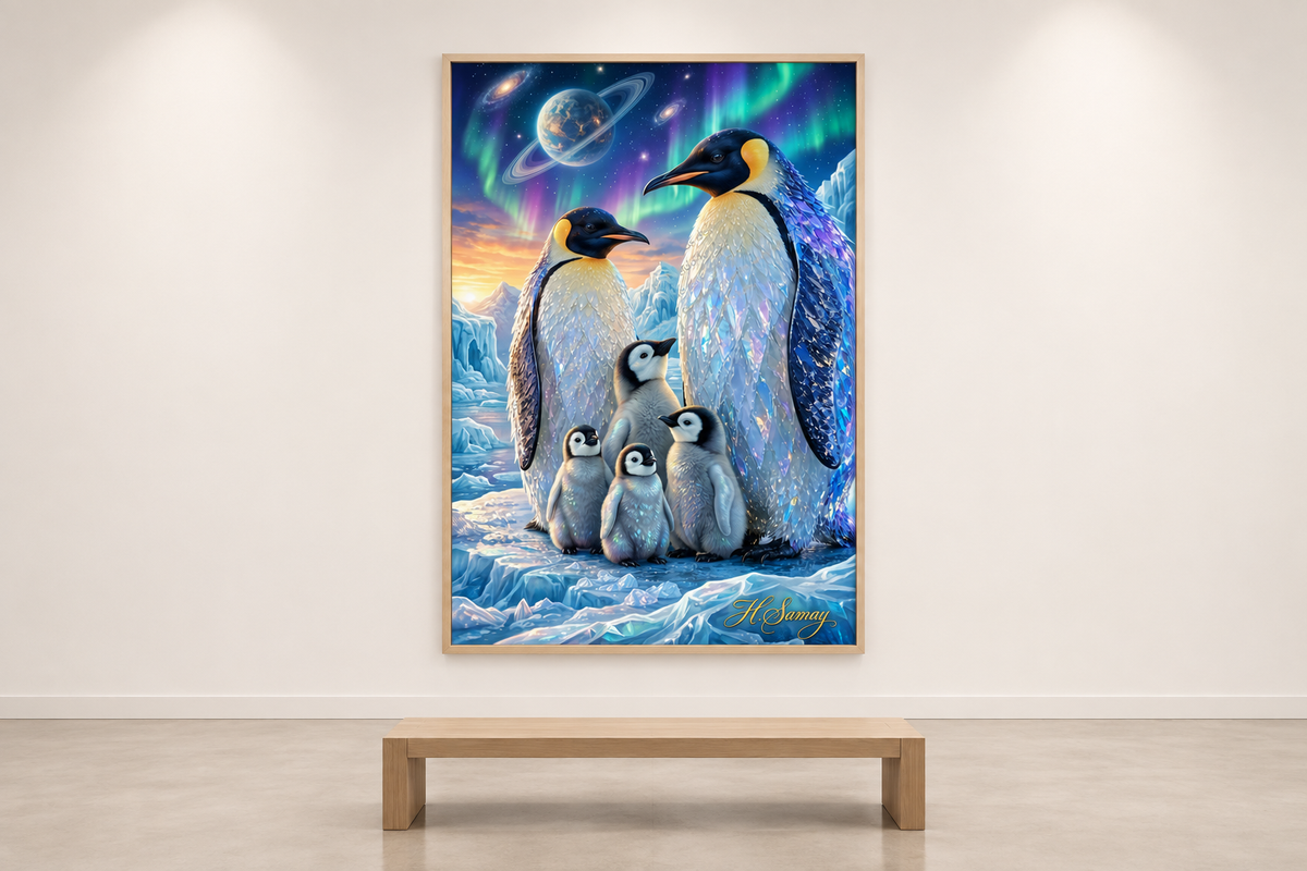 Bella familia en una galería minimalista.