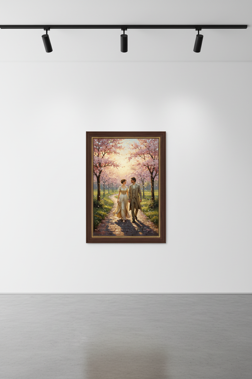 Enamorados bajo los Cerezos - Mockup galería marco café