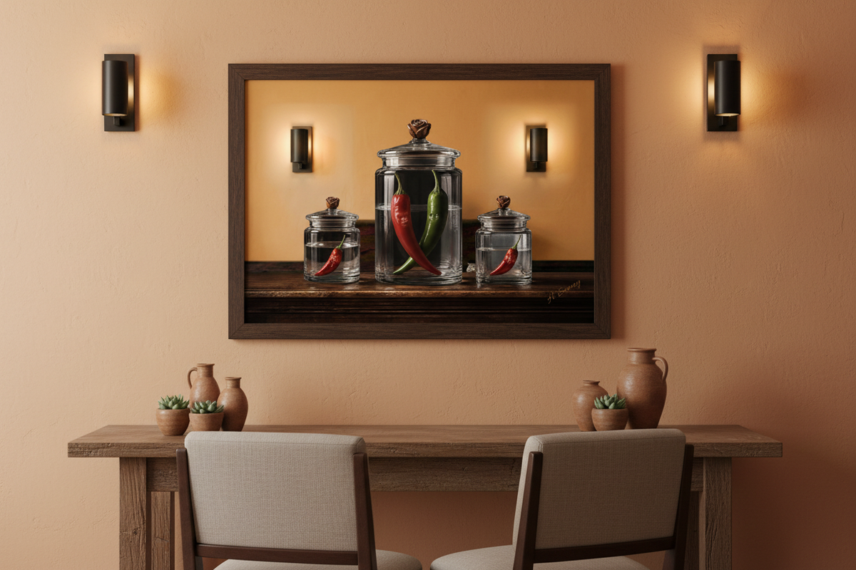 Fuego en Cristal - Mockup comedor cálido