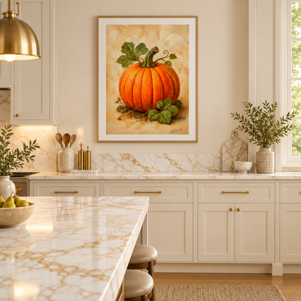 Calabaza Dorada en cocina elegante con mesón de mármol