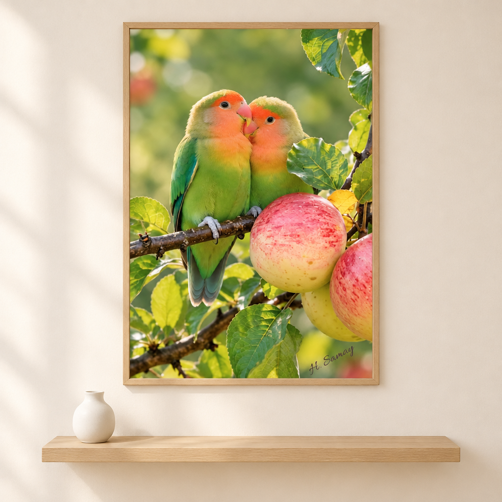 Amor entre Alas sobre repisa en ambiente minimalista