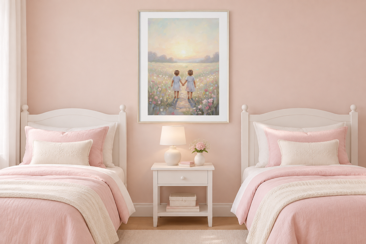 Encanto de nenes bajo el mágico jardín en una alcoba para niñas con dos camas y tonos rosados.