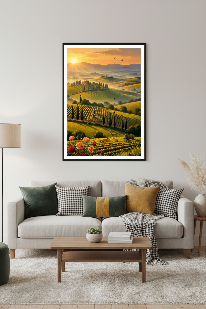 Atardecer en Toscana - Mockup en sala elegante