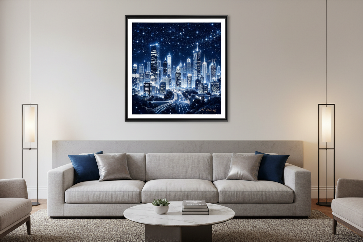 Ciudad Estrellada enmarcada en sala moderna